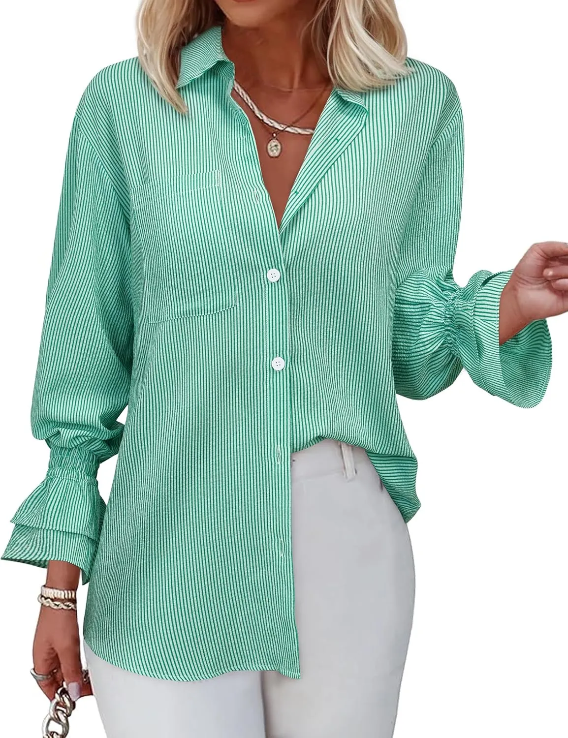 Women's Striped Button Down Shirt Smocked Cuffed Boyfriend Blouse Ruffle Sleeve Casual Tunic Tops with Pockets