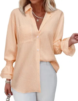 Women's Striped Button Down Shirt Smocked Cuffed Boyfriend Blouse Ruffle Sleeve Casual Tunic Tops with Pockets