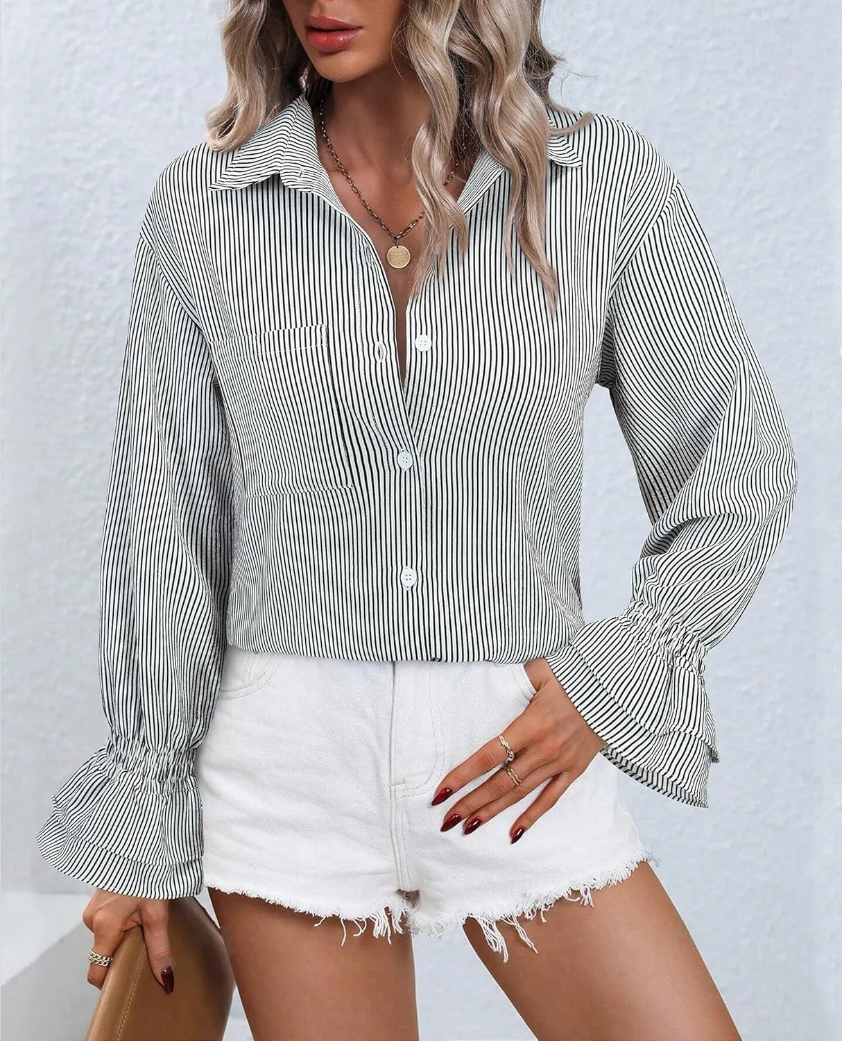 Women's Striped Button Down Shirt Smocked Cuffed Boyfriend Blouse Ruffle Sleeve Casual Tunic Tops with Pockets