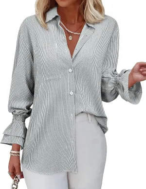 Women's Striped Button Down Shirt Smocked Cuffed Boyfriend Blouse Ruffle Sleeve Casual Tunic Tops with Pockets