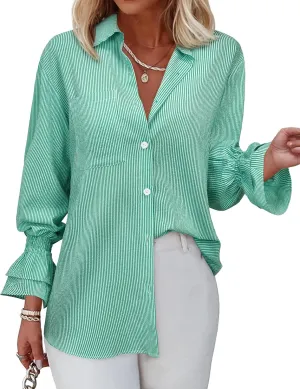 Women's Striped Button Down Shirt Smocked Cuffed Boyfriend Blouse Ruffle Sleeve Casual Tunic Tops with Pockets