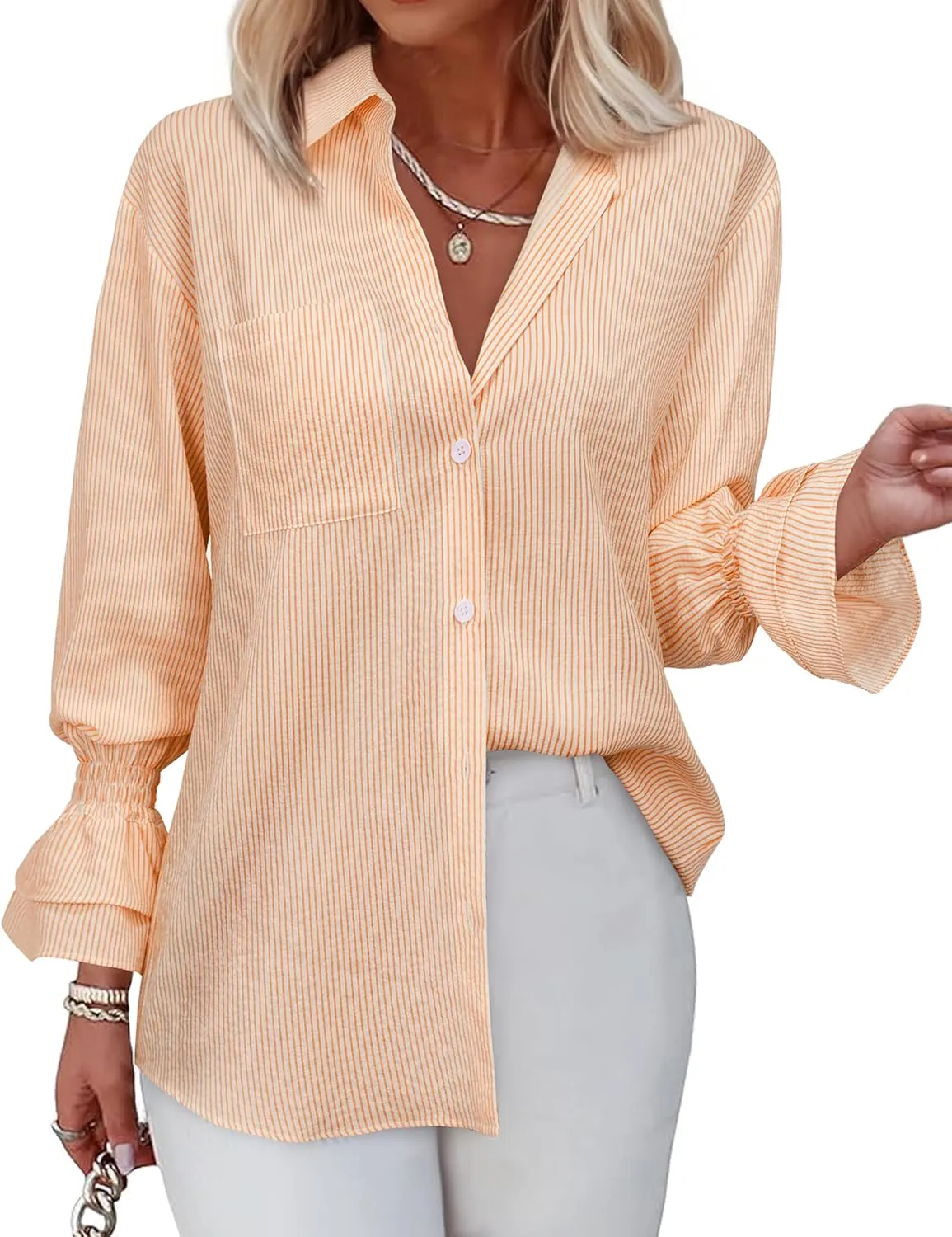 Women's Striped Button Down Shirt Smocked Cuffed Boyfriend Blouse Ruffle Sleeve Casual Tunic Tops with Pockets