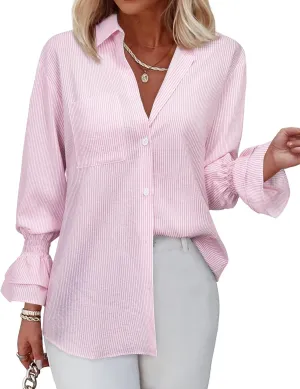 Women's Striped Button Down Shirt Smocked Cuffed Boyfriend Blouse Ruffle Sleeve Casual Tunic Tops with Pockets