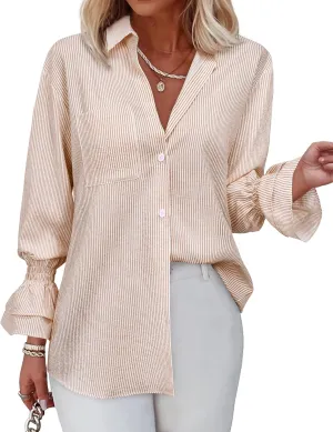 Women's Striped Button Down Shirt Smocked Cuffed Boyfriend Blouse Ruffle Sleeve Casual Tunic Tops with Pockets