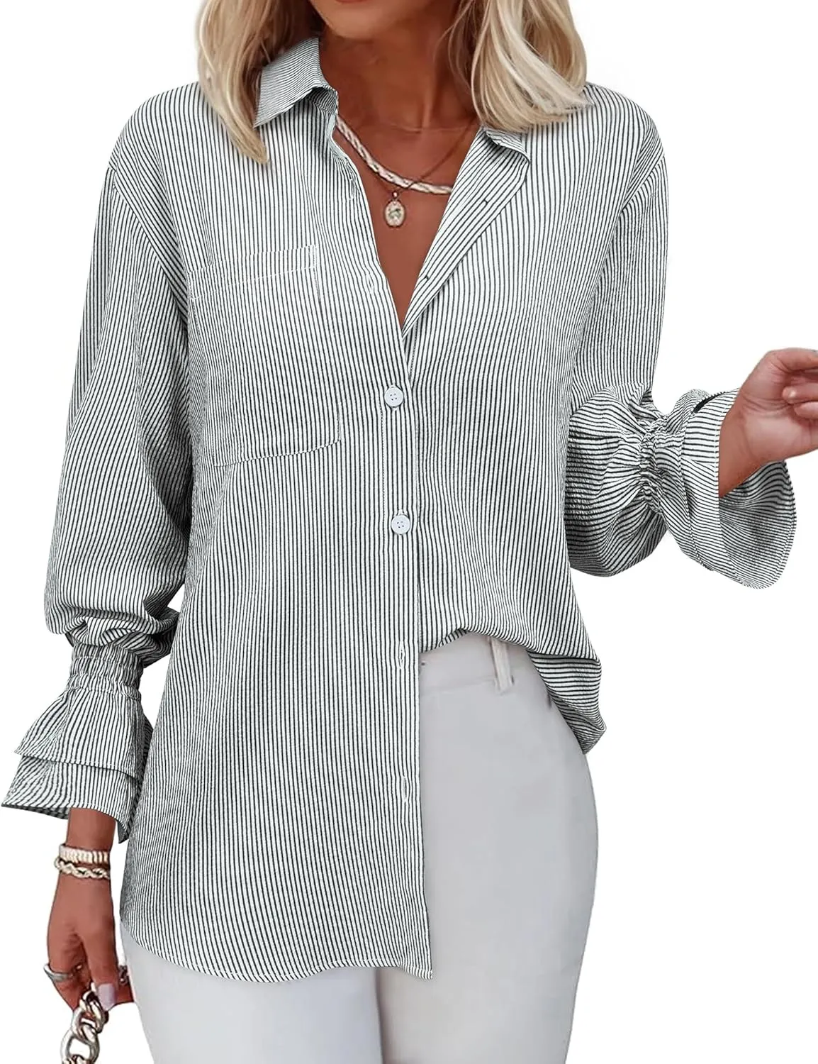 Women's Striped Button Down Shirt Smocked Cuffed Boyfriend Blouse Ruffle Sleeve Casual Tunic Tops with Pockets
