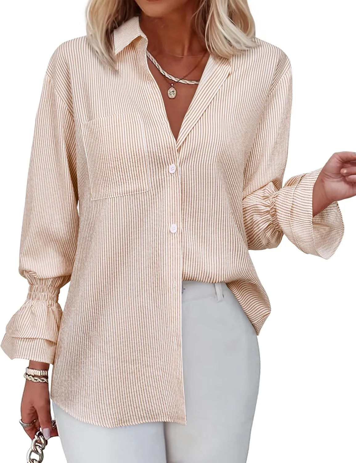 Women's Striped Button Down Shirt Smocked Cuffed Boyfriend Blouse Ruffle Sleeve Casual Tunic Tops with Pockets