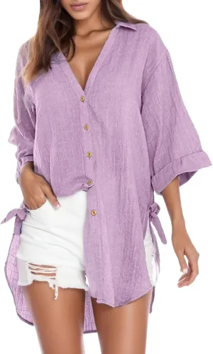 Women's Summer Casual T Shirts Linen Button Down Shirt Rolled Cuffed Short Sleeve Blouse Casual Beach Cotton Tops