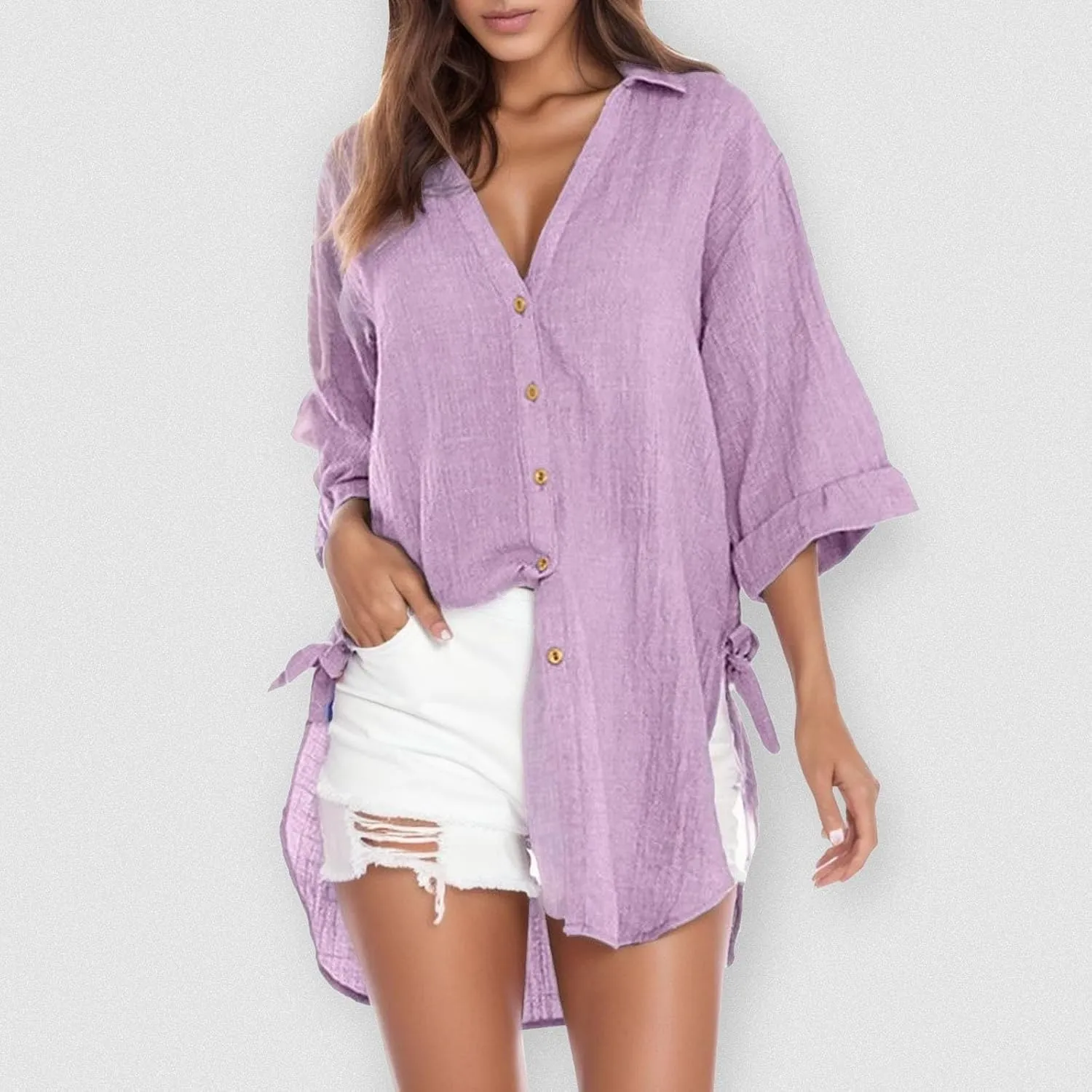 Women's Summer Casual T Shirts Linen Button Down Shirt Rolled Cuffed Short Sleeve Blouse Casual Beach Cotton Tops