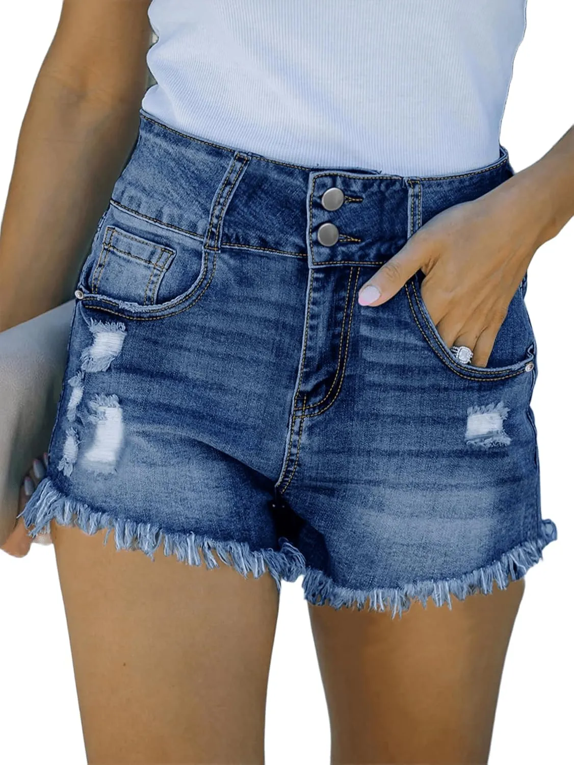 Women’s Summer Denim Shorts High Waisted Ripped Stretch Raw Hem Double Button Jeans Short with Pockets