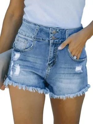 Women’s Summer Denim Shorts High Waisted Ripped Stretch Raw Hem Double Button Jeans Short with Pockets