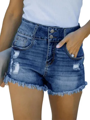 Women’s Summer Denim Shorts High Waisted Ripped Stretch Raw Hem Double Button Jeans Short with Pockets