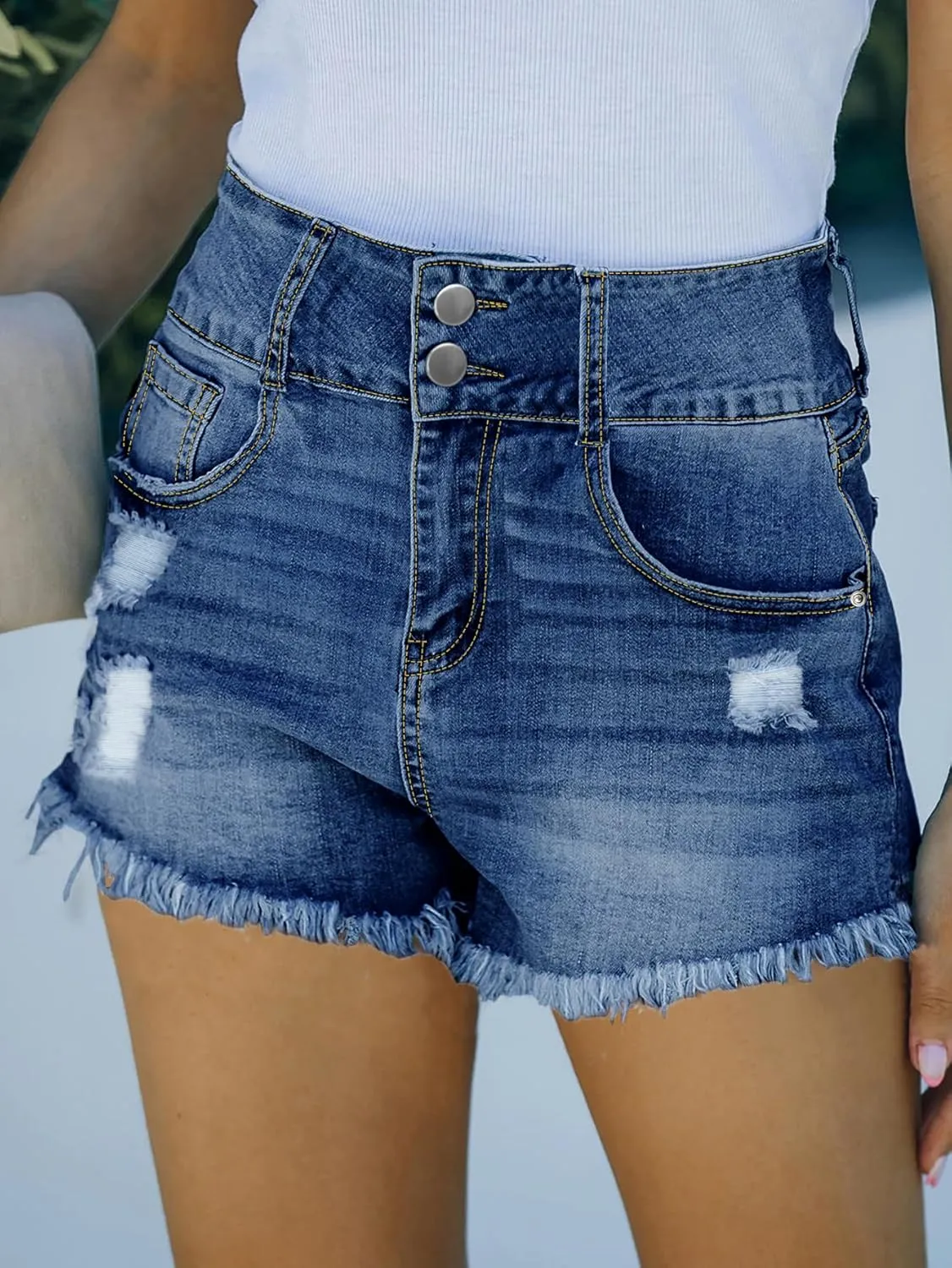 Women’s Summer Denim Shorts High Waisted Ripped Stretch Raw Hem Double Button Jeans Short with Pockets