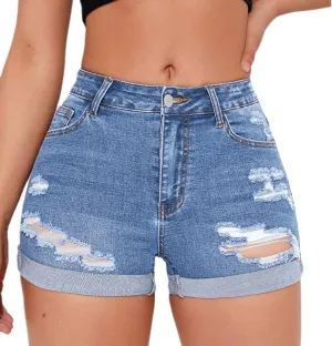 Women's Summer Mid Waist Ripped Stretchy Denim Shorts Folded Hem Distressed Jean Shorts