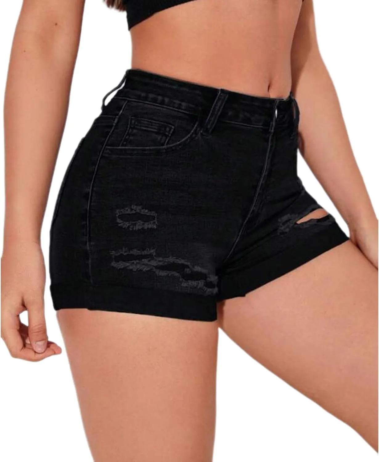 Women's Summer Mid Waist Ripped Stretchy Denim Shorts Folded Hem Distressed Jean Shorts