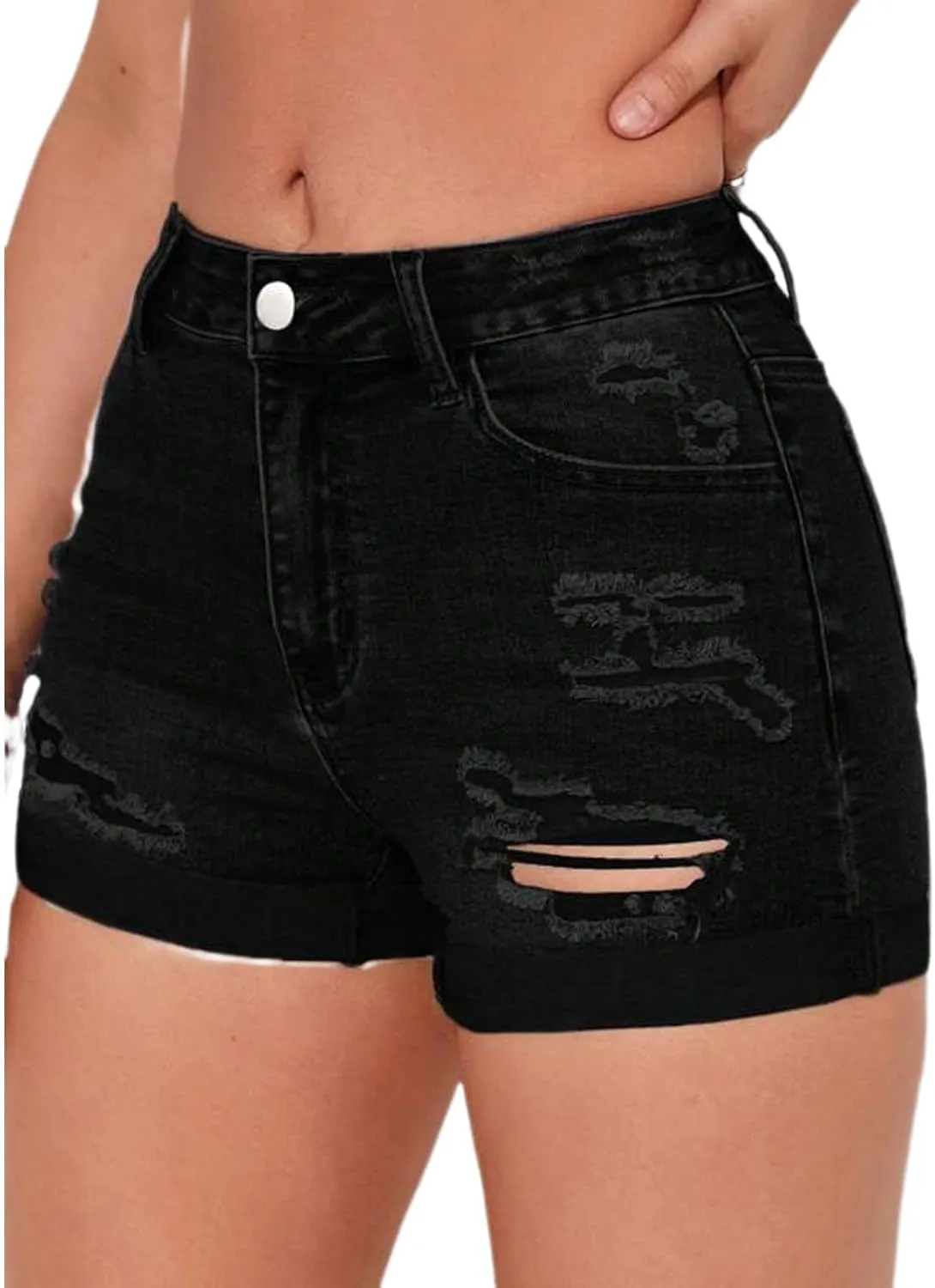 Women's Summer Mid Waist Ripped Stretchy Denim Shorts Folded Hem Distressed Jean Shorts