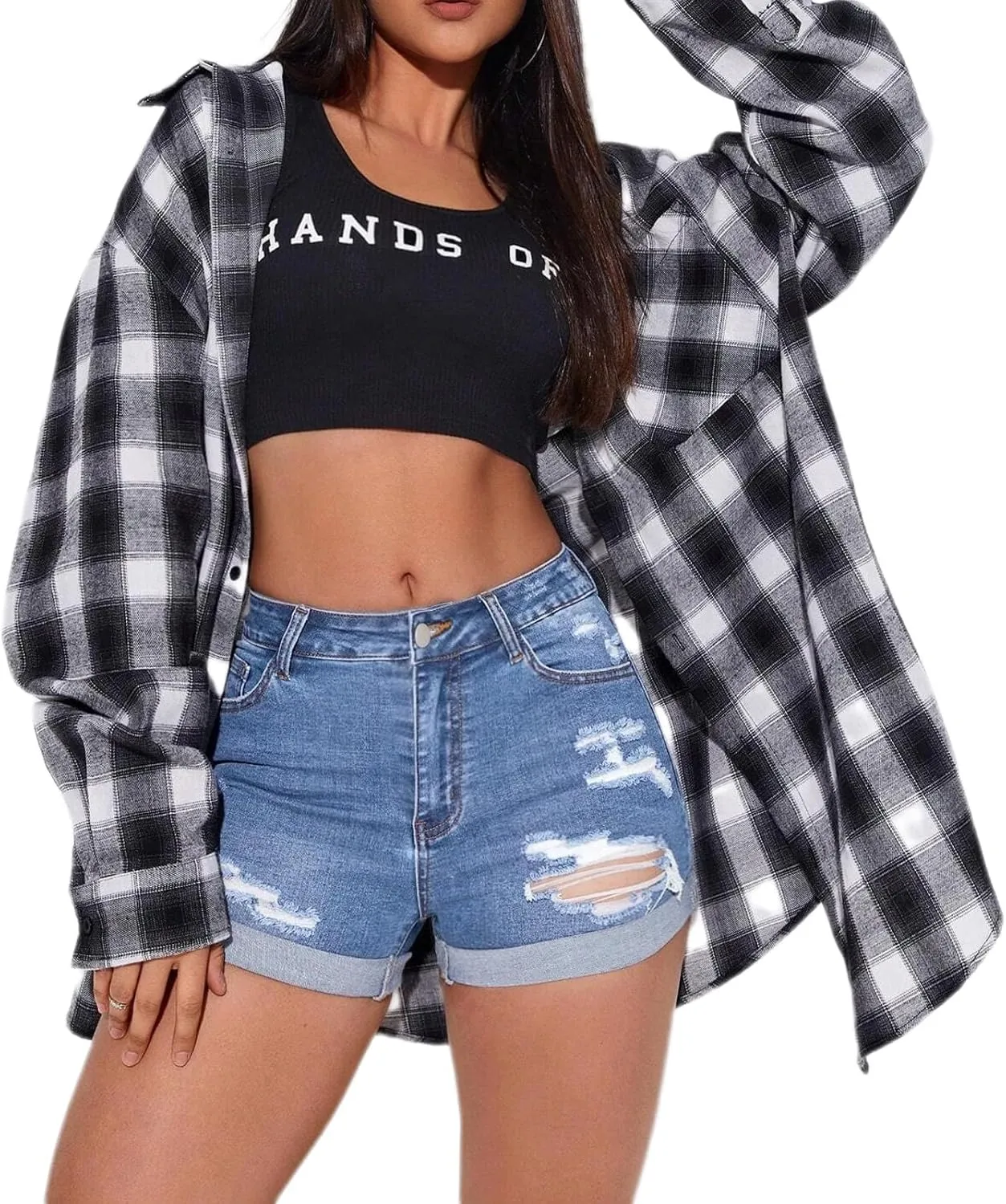 Women's Summer Mid Waist Ripped Stretchy Denim Shorts Folded Hem Distressed Jean Shorts