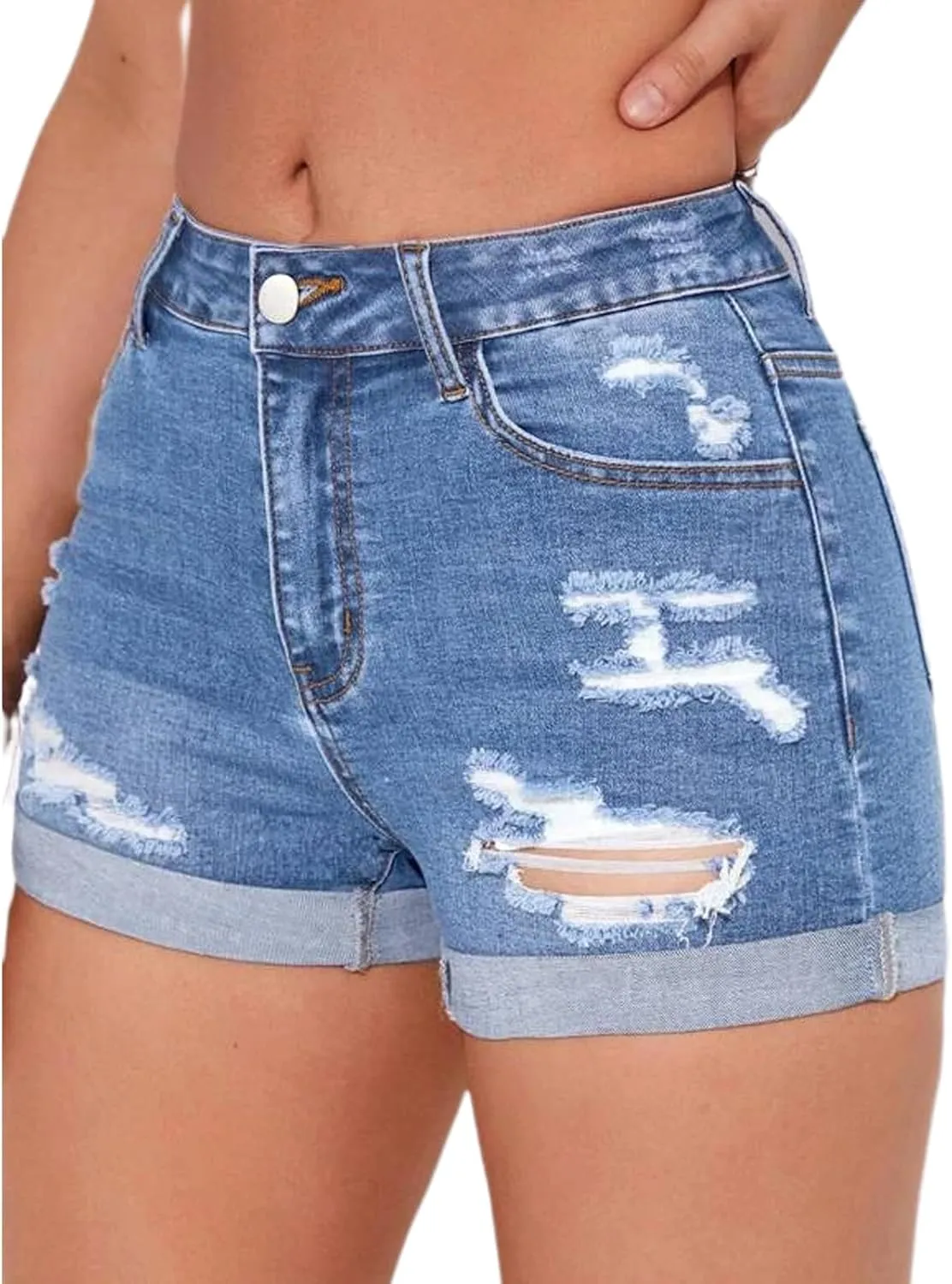 Women's Summer Mid Waist Ripped Stretchy Denim Shorts Folded Hem Distressed Jean Shorts