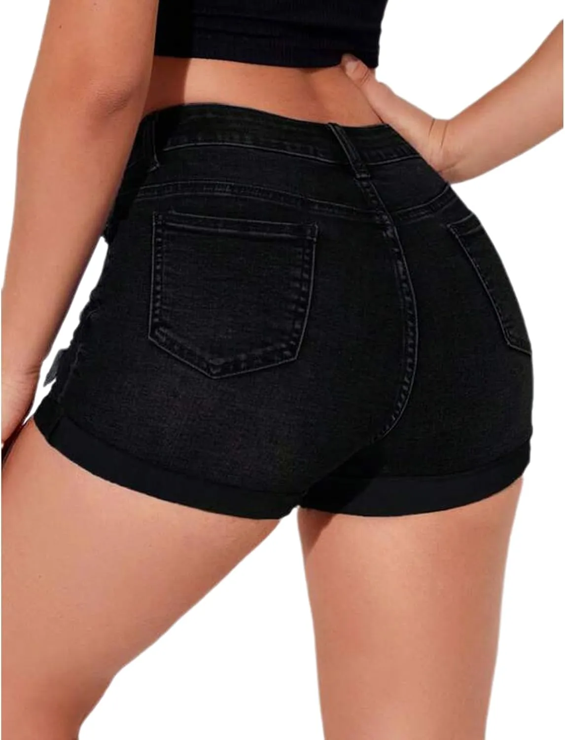 Women's Summer Mid Waist Ripped Stretchy Denim Shorts Folded Hem Distressed Jean Shorts