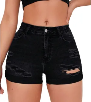 Women's Summer Mid Waist Ripped Stretchy Denim Shorts Folded Hem Distressed Jean Shorts