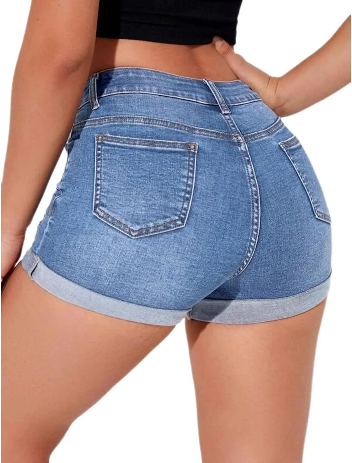 Women's Summer Mid Waist Ripped Stretchy Denim Shorts Folded Hem Distressed Jean Shorts
