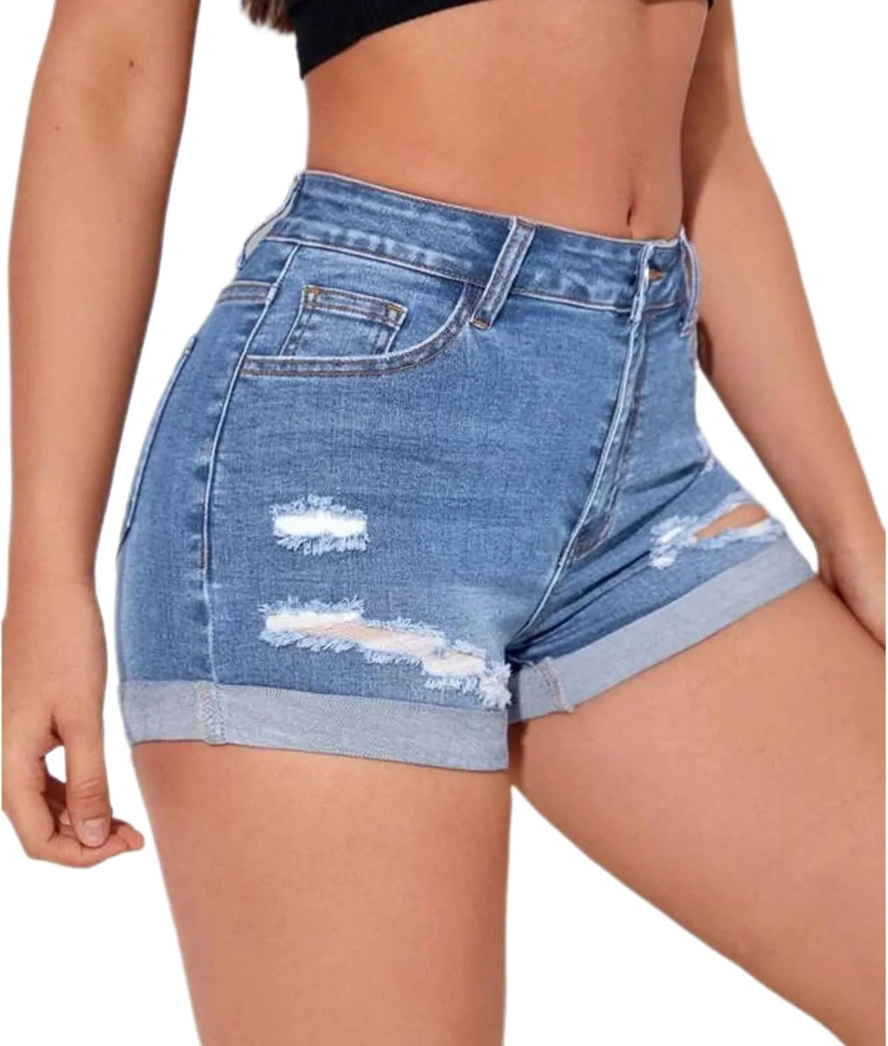 Women's Summer Mid Waist Ripped Stretchy Denim Shorts Folded Hem Distressed Jean Shorts