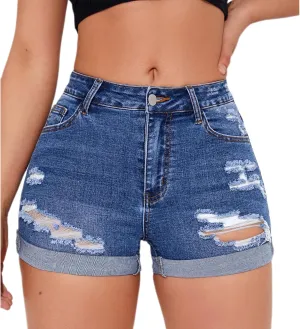 Women's Summer Mid Waist Ripped Stretchy Denim Shorts Folded Hem Distressed Jean Shorts