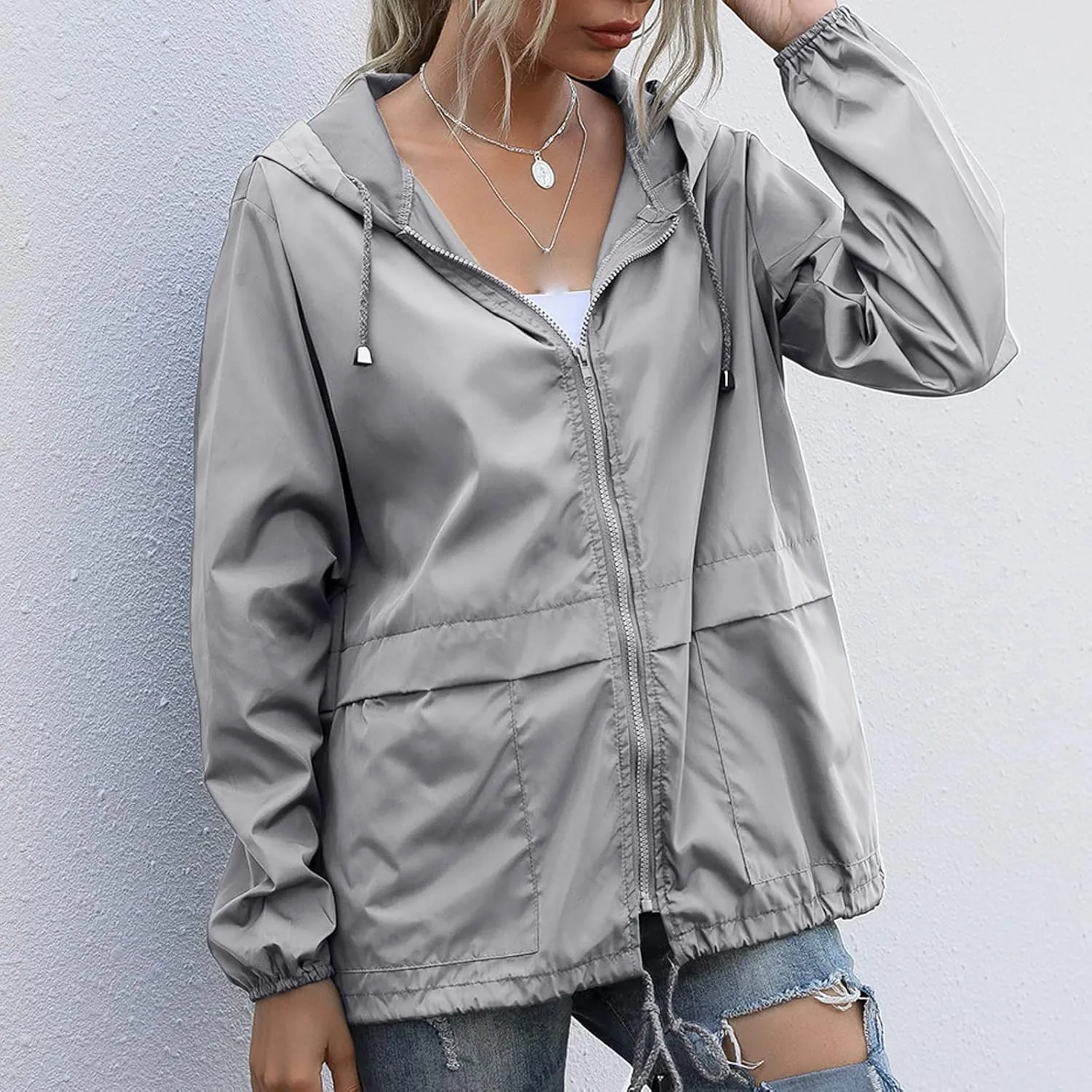 Women's Waterproof Raincoat Lightweight Rain Jacket Hooded Adjustable Windbreaker Rain Coats with Pocket for Outdoor