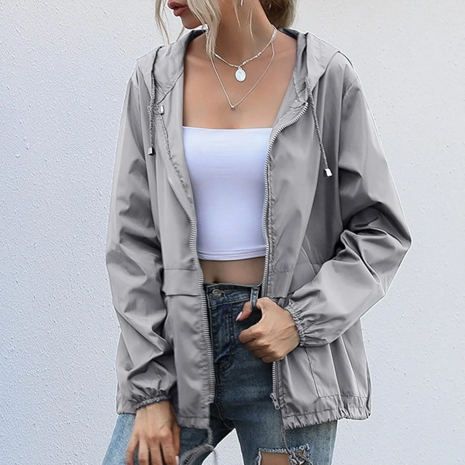 Women's Waterproof Raincoat Lightweight Rain Jacket Hooded Adjustable Windbreaker Rain Coats with Pocket for Outdoor