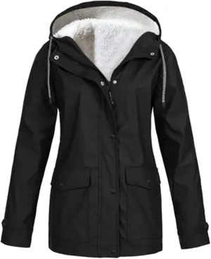 Womens Windbreaker Jackets Fleece Lined Climbing Raincoats Waterproof Lightweight Outdoor Hooded Trench Coats