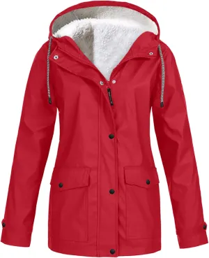 Womens Windbreaker Jackets Fleece Lined Climbing Raincoats Waterproof Lightweight Outdoor Hooded Trench Coats
