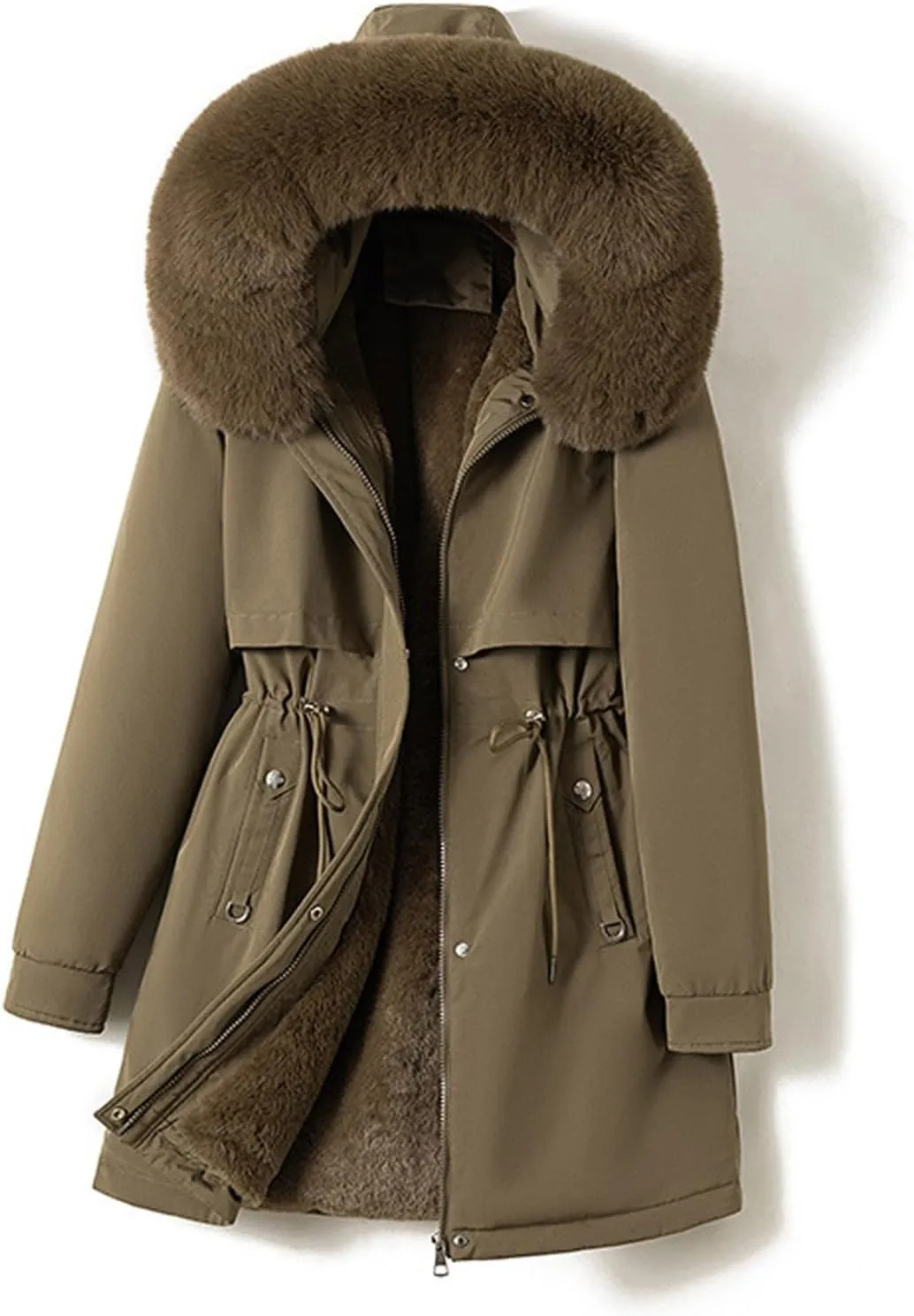 Womens Winter Daily Outdoor Puffer Coats Thick Insulated Slim Down Jackets Long Sleeve Zipper Hooded Pockets Overcoat