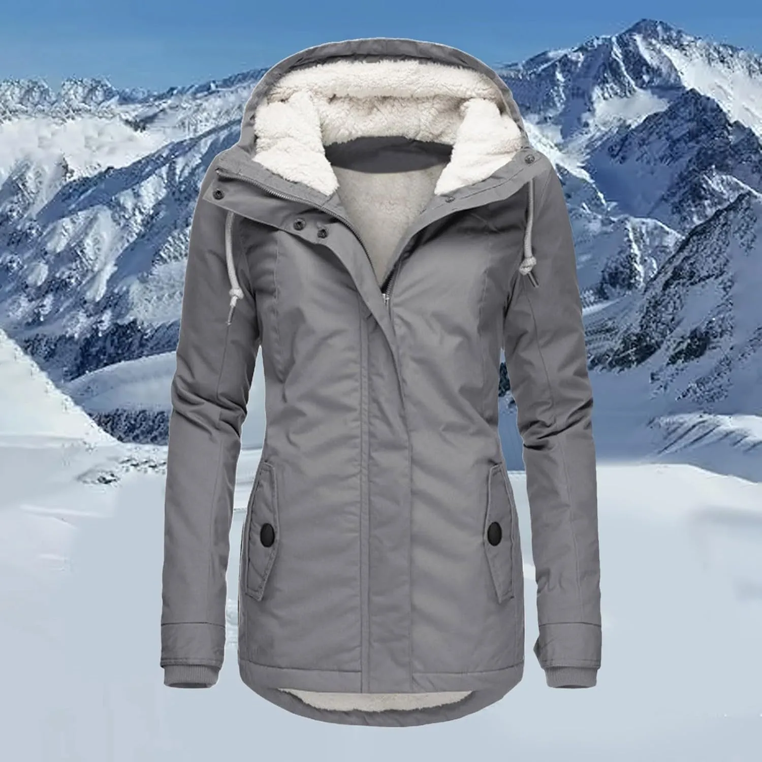 Womens Winter Hooded Pockets Zipper Long Fleece Coat Comfort Warm Fitted Outwear Thicken Daily Home Outdoor Overcoat
