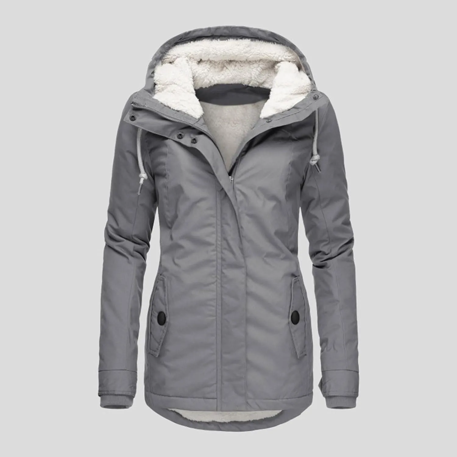 Womens Winter Hooded Pockets Zipper Long Fleece Coat Comfort Warm Fitted Outwear Thicken Daily Home Outdoor Overcoat