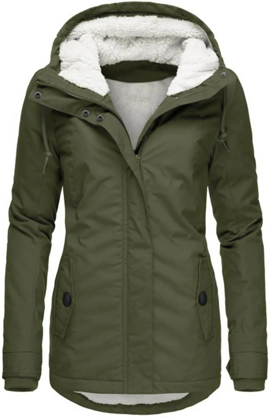 Womens Winter Hooded Pockets Zipper Long Fleece Coat Comfort Warm Fitted Outwear Thicken Daily Home Outdoor Overcoat