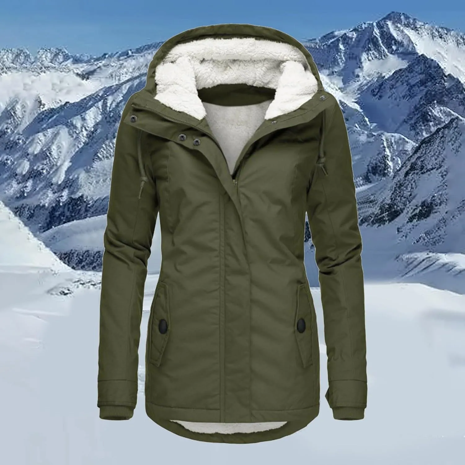 Womens Winter Hooded Pockets Zipper Long Fleece Coat Comfort Warm Fitted Outwear Thicken Daily Home Outdoor Overcoat