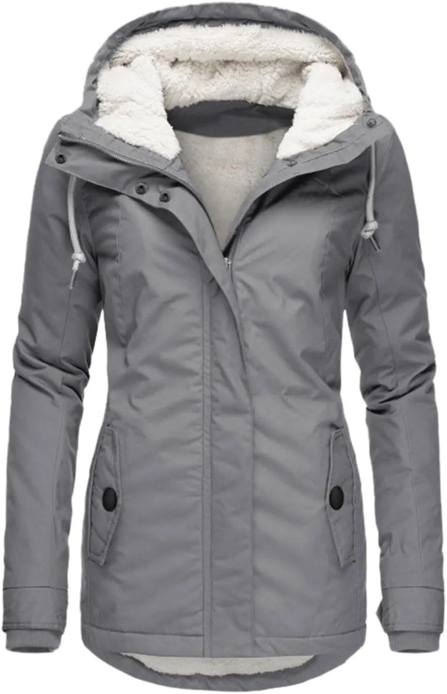 Womens Winter Hooded Pockets Zipper Long Fleece Coat Comfort Warm Fitted Outwear Thicken Daily Home Outdoor Overcoat