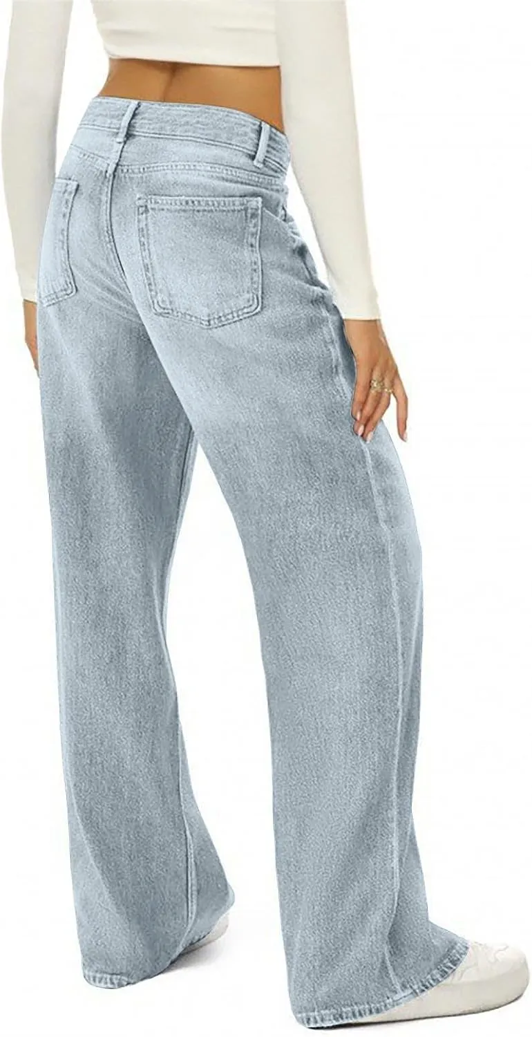 Women's Work Jeans - Trendy Stretchy Retro Wash Old High Waisted Pull On Jeggings Loose Straight Leg Cute Jeans