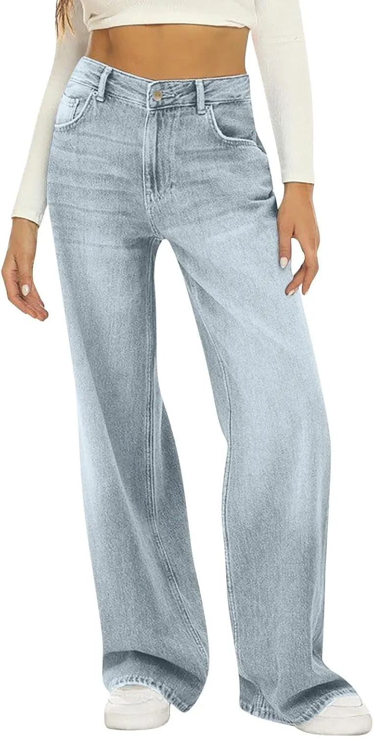 Women's Work Jeans - Trendy Stretchy Retro Wash Old High Waisted Pull On Jeggings Loose Straight Leg Cute Jeans