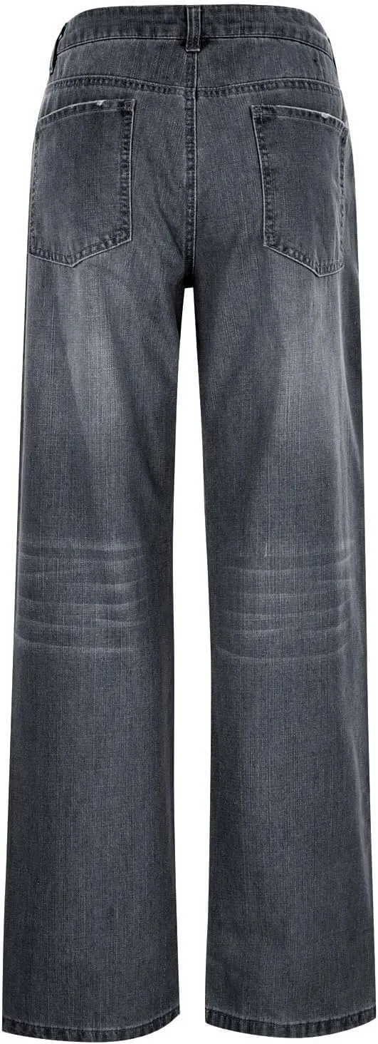 Women's Work Jeans - Trendy Stretchy Retro Wash Old High Waisted Pull On Jeggings Loose Straight Leg Cute Jeans
