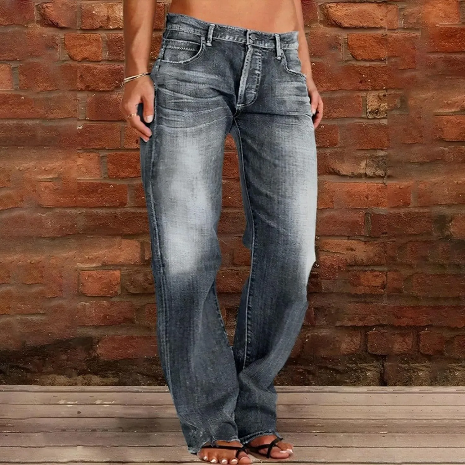 Women's Work Jeans - Trendy Stretchy Retro Wash Old High Waisted Pull On Jeggings Loose Straight Leg Cute Jeans