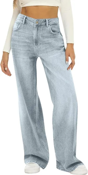 Women's Work Jeans - Trendy Stretchy Retro Wash Old High Waisted Pull On Jeggings Loose Straight Leg Cute Jeans