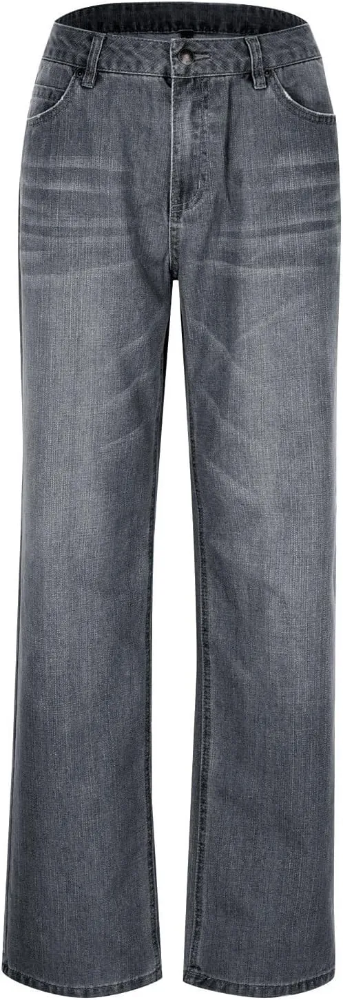 Women's Work Jeans - Trendy Stretchy Retro Wash Old High Waisted Pull On Jeggings Loose Straight Leg Cute Jeans