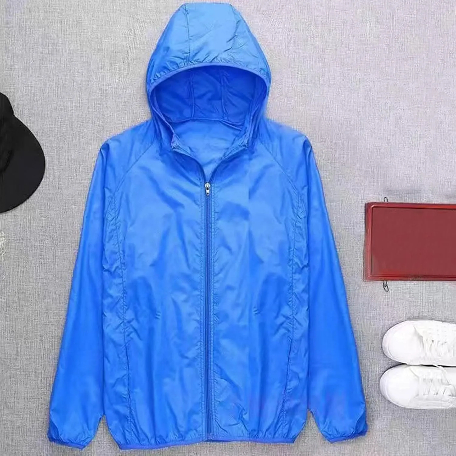 Work Shirts for Men Hooded Drawstring Long Sleeve Zipper Pocket Coat Outdoor Loose Windbreaker Mens T Shirts