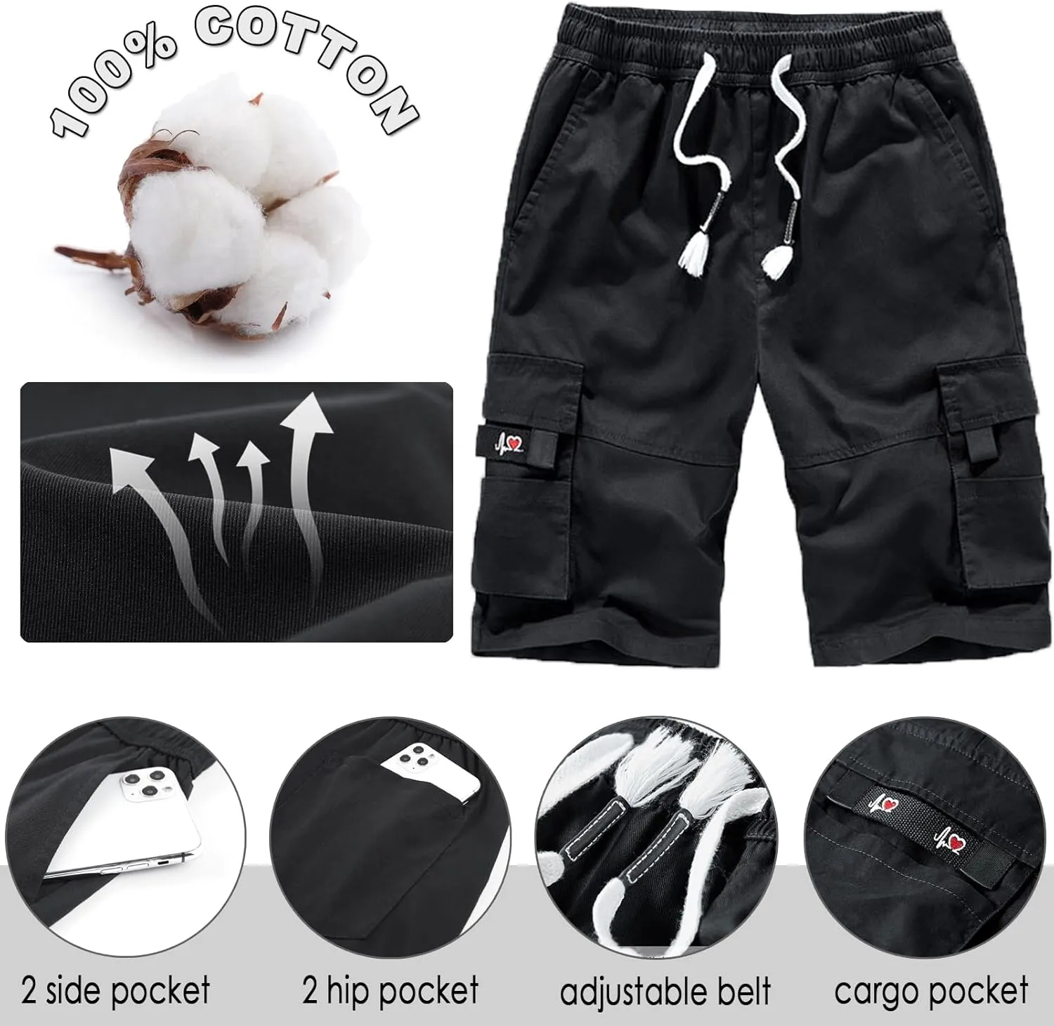 XinYangNi Men's Cargo Shorts Elastic Waist Relaxed Fit Cotton Casual Outdoor Lightweight Work Shorts Multi-Pockets