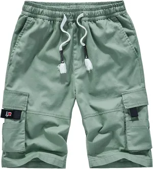 XinYangNi Men's Cargo Shorts Elastic Waist Relaxed Fit Cotton Casual Outdoor Lightweight Work Shorts Multi-Pockets
