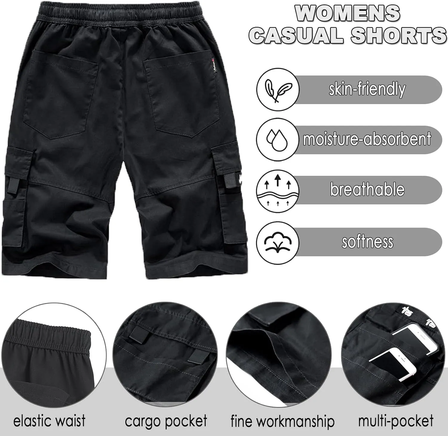 XinYangNi Men's Cargo Shorts Elastic Waist Relaxed Fit Cotton Casual Outdoor Lightweight Work Shorts Multi-Pockets