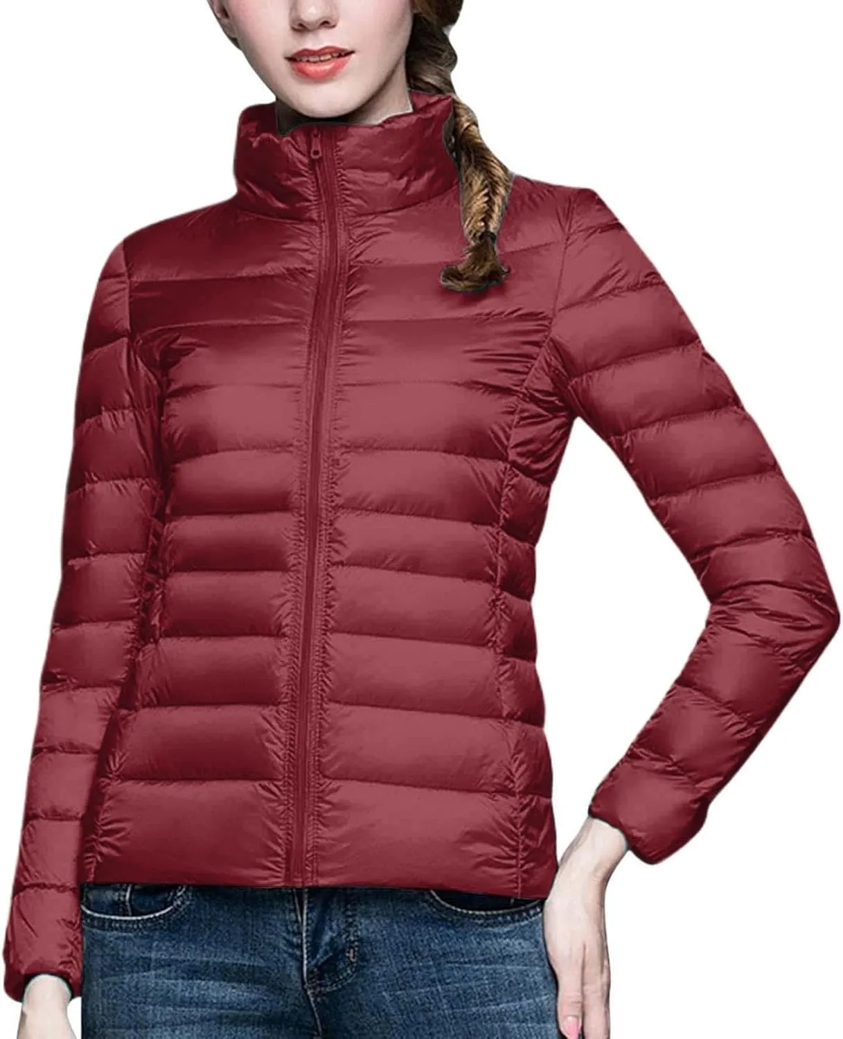 Yanzhenglip 2024 Womens Casual Lightweight Hooded Down Jacket Packable Solid Color Puffer Coats Jacket with Storage Bag
