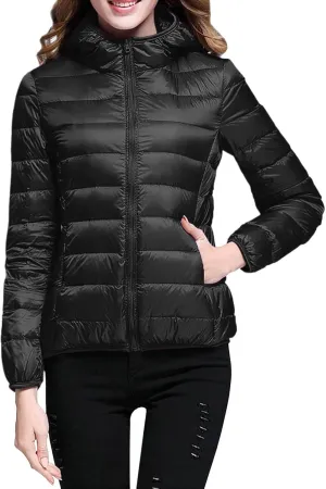 Yanzhenglip 2024 Womens Casual Lightweight Hooded Down Jacket Packable Solid Color Puffer Coats Jacket with Storage Bag
