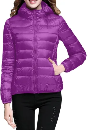 Yanzhenglip 2024 Womens Casual Lightweight Hooded Down Jacket Packable Solid Color Puffer Coats Jacket with Storage Bag