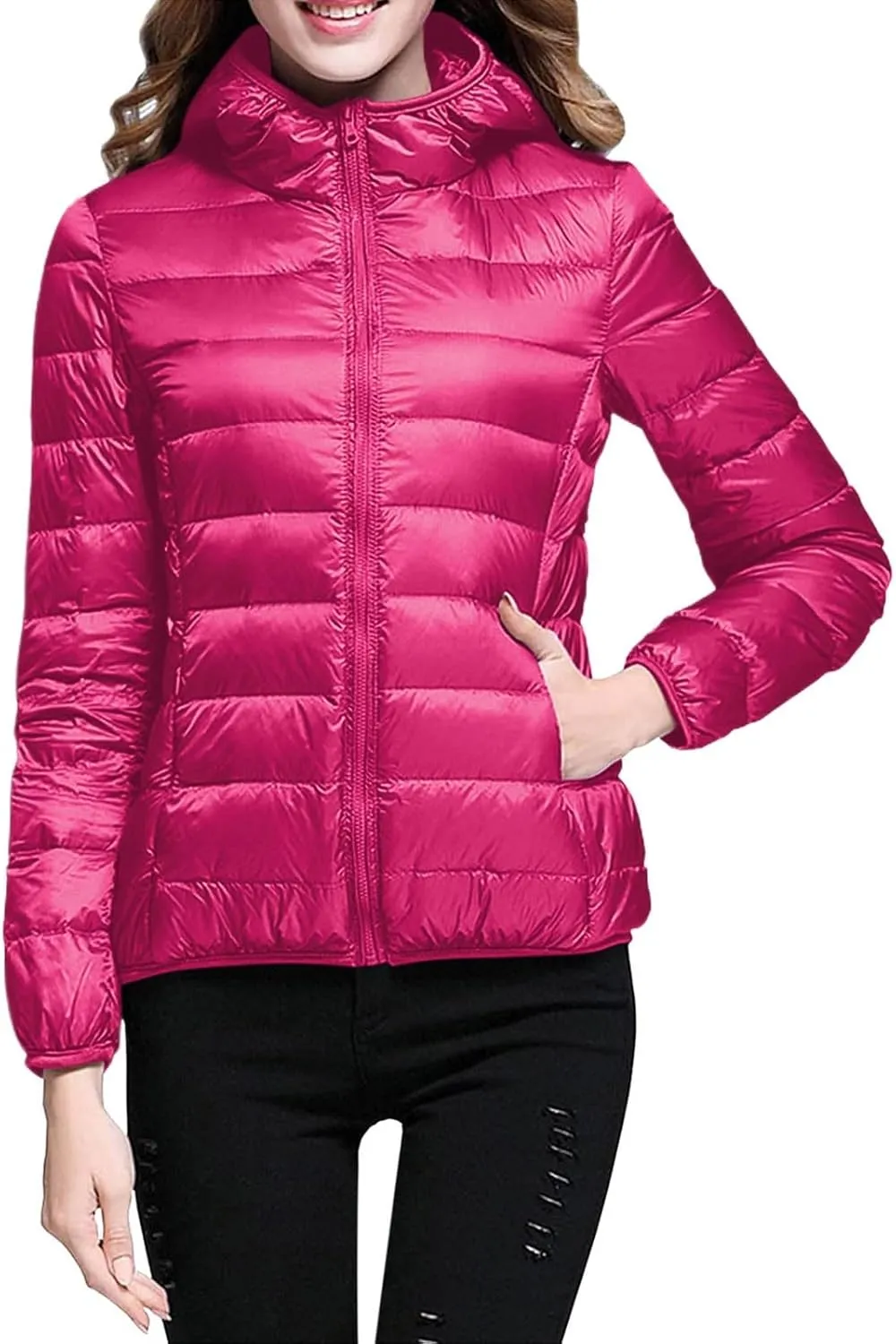 Yanzhenglip 2024 Womens Casual Lightweight Hooded Down Jacket Packable Solid Color Puffer Coats Jacket with Storage Bag